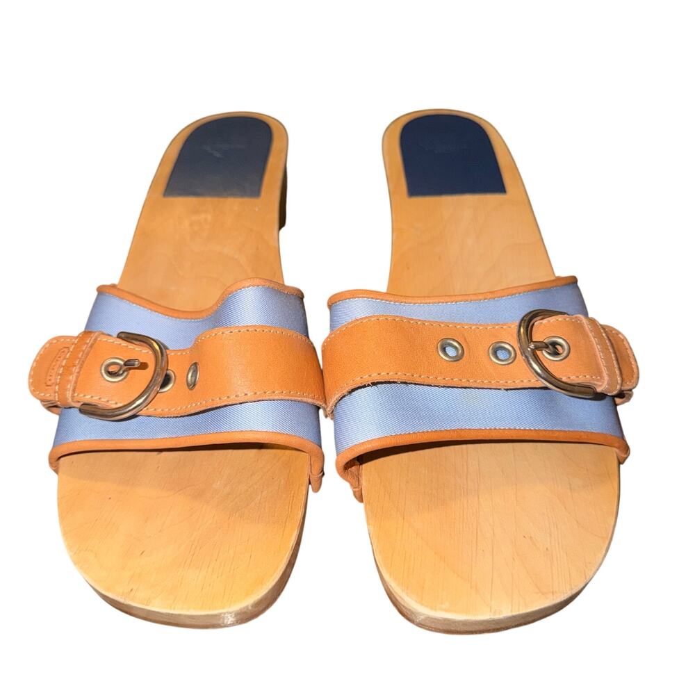 Vtg Y2K Coach Wooden Sandals Women’s Size 10 Blue Twill Tan Leather Clogs Shoes